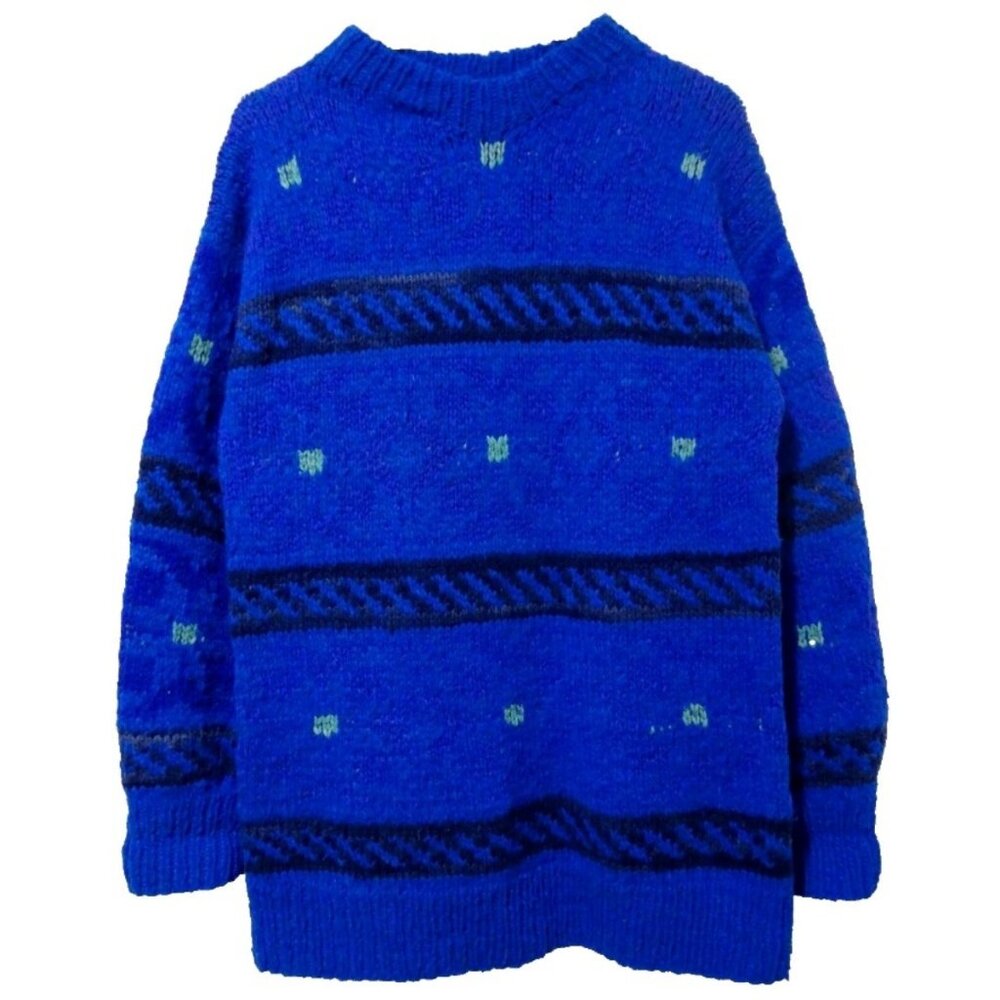 M/L Vtg 90s Blue Striped Long Fit Oversized Boho Handmade Chunky Knit Sweater